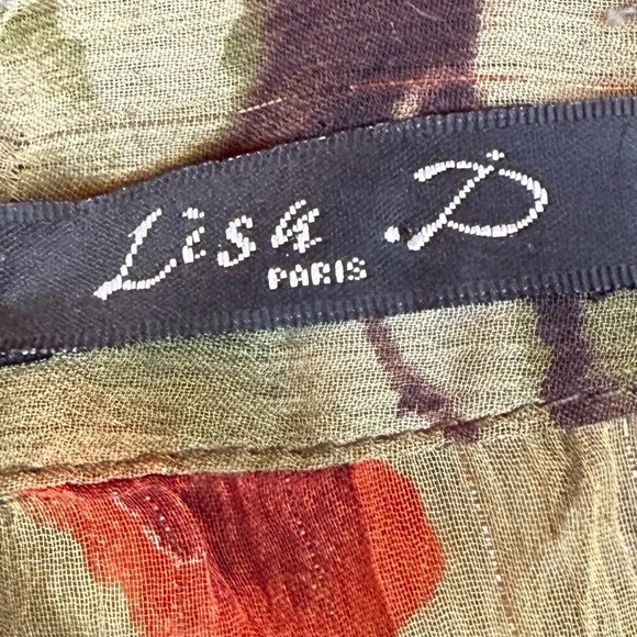 Lise P Paris Sheer Crinkle Button Front Blouse T3 Olive Floral Metallic - Picture 2 of 7